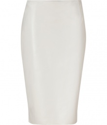 Bring bold style to your office-to-evening style with this luxe leather skirt from Ralph Lauren -Classic pencil style, back slit, concealed side zip closure - Style with a scoop neck top, a sleek blazer, and platform booties