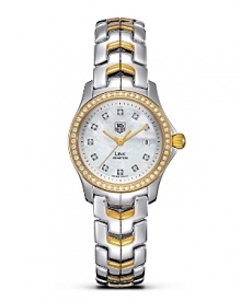 With its unique design, the TAG Heuer Link series has represented a perfect balance of sport and prestige since 1999. Its architecture reflects the power and beauty of steel through the play of contrasts and its refined lines. White mother-of-pearl dial with 11 diamonds and a polished 52 diamond accented 18 Kt. gold bezel. Features a date window.