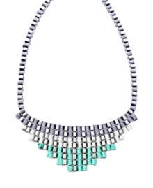 Infuse your look with a pastel palette of color. Bar III's stunning statement necklace features a pyramid designdecorated with ribbons in gray, ivory, and pastel green hues. Set in silver tone mixed metal. Approximate length: 24 inches. Approximate drop length: 2 inches. Approximate drop width: 6-1/2 inches.