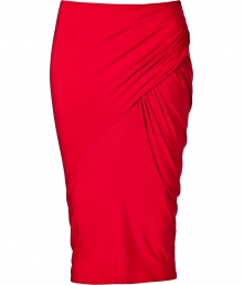 Luxe pencil skirt in fine, crimson viscose stretch - A modern classic from Donna Karan - Elegant, asymmetric drape and ruching at hips create a knockout silhouette, elongating the entire body - Curve-hugging cut hits at knee - Sexy and sophisticated, a dynamite must for parties and events - Style with a silk or sequin top and ankle booties or platform pumps