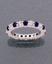 Infuse your look with some vibrant color. This sterling silver ring by CRISLU features alternating round-cut blue corundum stones (2-1/3 ct. t.w.) and round-cut cubic zirconia (2-1/3 ct. t.w.). Size 7.