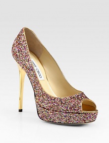 Multicolored glitter amplifies this party-ready silhouette with a timeless peep toe and lacquered heel. Lacquered heel, 3½ (90mm)Glitter-covered platform, 1 (25mm)Compares to a 2½ heel (65mm)Glitter-coated fabric upperPeep toeLeather lining and solePadded insoleMade in Italy