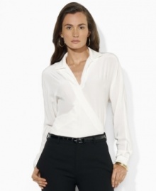 Lauren Ralph Lauren's soft silk wrap blouse is modernized for the season with dolman sleeves.