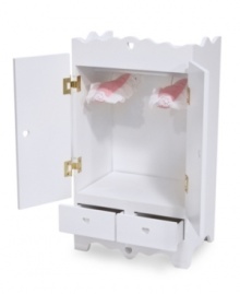 Careful craftsmanship and adorable details make this delightful wooden armoire furniture piece a must for any doll! Scaled perfectly for dolls up to 20, each value-priced piece features hand-detailing and sturdy construction.  Armoire includes two upholstered hangers.  Ages 3+   14.75 x 21.5 x 11 boxed   12 x 20 x 9  assembled