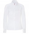 Stylish top in fine, white cotton - Super comfortable thanks to a touch of stretch - Slim, classic button down silhouette, cut slightly longer in the back - Small collar, chest pocket and gently rounded hem - The details we love: delicate, white lace trim at sides and red button at neck - Go for a casual look with jeans and ballet flats, or dress it up with a pleated mini and ankle booties