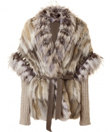 Incredibly luxe with statement-making style, this fur-and-knit combo jacket from Roberto Cavalli is guaranteed to elevate any ensemble - Wrap front with leather tie belt, dolman fur sleeves with knit long sleeve underlay, leather and stud detailed cuffs, relaxed fit - Pair with skinny jeans, a silk blouse, and statement heels