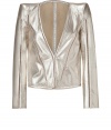 Add a shock of metallic to your outfit with Roberto Cavallis ultra modern silver perfed luxe lambskin jacket - Collarless, long sleeves, solid leather structured shoulders, front push-stud closure, allover perforated leather with nude colored cut-out trim - Form-fitting - Wear over a simple jeans and tee ensemble, or wear as a flashy finish to fancy cocktail frocks