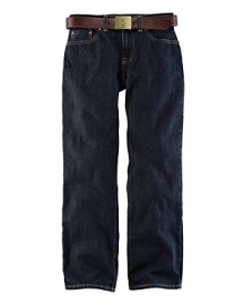 Slim-fitting jean rendered in a rugged dark wash with authentic denim detailing.