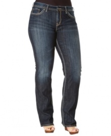 Partner the season's must-have tops with Silver Jeans' bootcut plus size jeans, featuring a slimming dark wash.