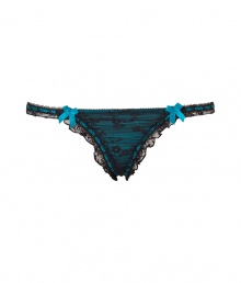 Get the sultry glamorous look of a vintage 1950s pin up girl in Von Follies by Dita Von Teeses black and deep rich turquoise stretch mesh thong - Sheer black stretch lace over deep rich turquoise front, tonal stitched satin trim, ruffled stretch lace trim, sheer mesh back - Thong back - Wear with the matching balconette bra for a seriously seductive look