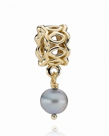 A delicate blue freshwater pearl dangles from a lacy 14K gold PANDORA charm.