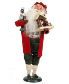 Complete with Christmas lederhosen, the German Santa figurine is filled with spirit, bestowing traditional wooden toys with all the handcrafted charm of Byers' Choice.