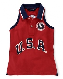 A red, white and blue design finished with U.S.A. patching and embroidered emblems gives a preppy all-American look to the classic sleeveless polo, celebrating Team USA's participation in the 2012 Olympics.Sleeveless racerback silhouette.