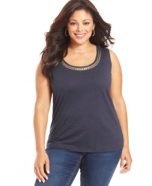 An embellished neckline lends a beautiful finish to Jones New York Signature's plus size tank top-- pair it with your favorite casual bottoms.