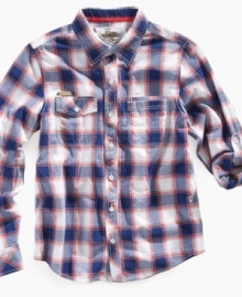 Plaid that pops. The modern style of this shirt from Epic Threads completes his crisp, casual look.