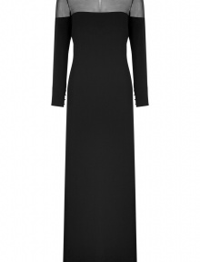 With sultry peek-a-boo panels and a dramatic floor-sweeping length, this luxe silk dress from Azzaro will amp up your black tie style - Round neck, long sleeves, sheer panels at neckline, shoulders, and back, straight silhouette, cascading draped overlay at back, maxi length - Wear with metallic sandals and an embellished clutch