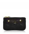 Add luxe style to the everyday with this leather key pouch from Marc by Marc Jacobs - Rectangular shape with round edges, top zip closure, front logo with gold-tone hardware, internal key ring detail - Perfect for daily use or as a thoughtful gift