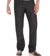 Add this pair of dark blue denim jeans from LRG to your casual attire for sleek style.