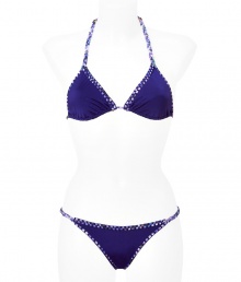 Luxe bikini in fine, synthetic fiber blend - Especially comfortable and flattering, thanks to a generous amount of stretch - Vibrant in violet blue with multicolor braided ribbon trim - Triangular halter top with adjustable cups ties at back and nape of neck - String brief offers modest coverage at rear - Sexy and fun, a must for you next vacation or beach getaway - Wear solo or layer beneath a caftan and pair with wedge sandals