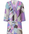 Inject Palm Springs-inspired retro chic with this geometric print caftan from Emilio Pucci - V-neck with lace up detail, three-quarter bell sleeves, side vents, relaxed silhouette, semi-sheer - Style with a halter style swimsuit and embellished sandals for poolside luxe