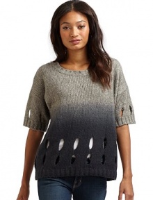 THE LOOKRibbed crew neckline Pullover styleShort ribbed cuff sleevesOmbre effectCutout detailsRibbed hemTHE FITAbout 23 from shoulder to hemTHE MATERIAL51% cotton/24% wool/19% acrylic/6% yakCARE & ORIGINHand washImported