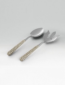 Stainless steel two-piece serving set includes salad fork and spoon both with gold-plated hollow braid patterned handle. Also available in platinum plating. 11½ long Comes in gift box Imported