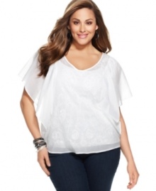 Butterfly sleeves lend ethereal elegance to DKNY Jeans' embroidered plus size top-- it's a perfect pick for the season!