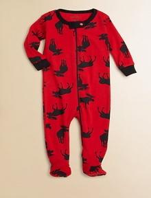 For your little adventurer, a trip to the northern wilderness with this bold, bright moose print to keep your little one cozy.Ribbed crewneckSnap neck tabFront and leg zipperLong sleeves with contrast ribbed cuffsFeet with non-slip dots on solesCottonMachine washImported