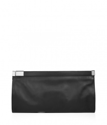 Deceptively simple, this ultra-luxe leather clutch from cult favorite designer Maison Martin Margiela features unexpectedly edgy details - Smooth black leather with silver-tone metallic detailing, asymmetrical side zip closure - Perfect for off-duty cool or a gallery opening