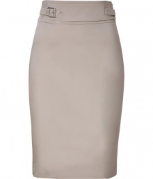 Stylish skirt in fine, dark beige cotton stretch blend - Perennially chic, curve-hugging pencil cut - Flattering A-Line silhouette - High waist with decorative belt - Rear vent and back zip - A polished classic ideal for work and evenings out - Pair with a silk tank or button down blouse, cropped blazer and peep toe pumps