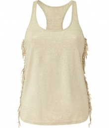 Up the ante on casual summer basics with this boho-chic ecru tank  from  Ella Moss - Super-soft, ultra-flattering rayon stretch blend - Slim yet relaxed racer back cut with round neck - On trend fringe embellishment at sides - Hem hangs slightly longer in the back -  Pair with ballet flats or leather sandals and Bermudas, cropped trousers or skinny denim