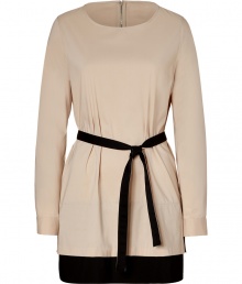 Both classic and cool with its neutral colorblocking, Steffen Schrauts belted tunic is a chic choice packed with wearing possibilities - Round neckline, long sleeves, buttoned cuffs, black trim around the hemline, slit sides, self-tie sash around the waist with black reverse, belt loops, hidden back zip - Loosely fitted - Wear with black flats and a carryall tote to work