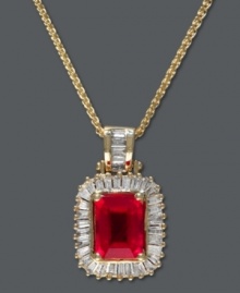 Royalty-inspired resplendence. A baguette-cut ruby (1-9/10 ct. t.w.) and surrounding diamonds (1/2 ct. t.w.) by Effy Collection ignite any look. Set in 14k gold. Approximate length: 18 inches. Approximate drop length: 3/4 inch. Approximate drop width: 1/2 inch.