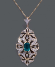 She'll be stunned when she unwraps this special treasure from Effy Collection. Pendant necklace features an emerald-cut emerald gemstone at center (9/10 ct. t.w.) surrounded by a unique, cut-out design covered in round-cut diamonds (3/8 ct. t.w.). Setting and chain crafted in 14k gold. Approximate length: 18 inches. Approximate drop length: 1-3/4 inches. Approximate drop width: 4/5 inch.