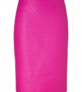 Luxe pencil skirt in ultra-fine, cotton and nylon blend - Vibrant and eye-catching in hot pink - Elegant, all-over geometric motif - The detail we love : a gold metal zipper extending from the small of the back to the hem - Classic slim cut is feminine and flattering, hits at knee - Polished style works for day or evening - Pair with a silk tank or a crisp button down and sky high heels