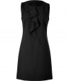 Stylish sleeveless dress in fine, black virgin wool stretch blend - A chic twist on the classic shift - Elegant flounce detail at chest - Slim cut, hits above the knee - Fabric is gently pleated at back - Darts at bust, asymmetric seam at front - Zips up - A polished, versatile go-to for parties and cocktails - Pair with ankle booties or strappy sandals and a colorful clutch