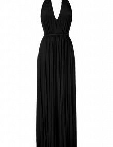 Make a stunning after-hours debut in Halston Heritages pleated black floor-length dress, detailed with intricate beading for ultra glamorous results sure to make an impact - V-neckline, halter strap, backless, fitted top - Pair with sky-high heels and a box clutch