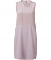 Sophisticated putty silk and wool shift dress by Raoul - This wonderfully chic dress is flattering and feminine Lovely pleated silk top with luxurious wool and cashmere A-line skirt - Sleeveless high neck silhouette with a back zip closure - Pair with ribbed tights, wedge platform heels, and a luxe boyfriend cardigan