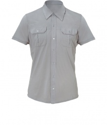 Stylish shirt in fine, pure pale grey cotton - A chic, modern hybrid of the classic polo and the traditional button down in an ultra-soft, summer weight material - Small collar and short sleeves - Full button placket and two flap pockets at chest - Slim, straight cut - Casually cool, perfect for pairing with jeans, chinos and shorts