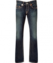 With Western-inspired details, these stylish distressed jeans from True Religion will amp up your casual basics - Classic five-pocket styling, fading details, decorative back pockets with logo detail - Straight leg, slim fit - Pair with a tee and a blazer or a cashmere sweater