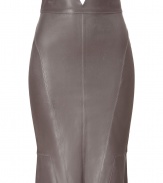 Luxe skirt in sumptuously supple, taupe leather - A sexy standout from cult French leather label Jitrois - Classic, curve-hugging pencil cut with new, higher waist and gently flared hem - Diagonal seams flatter and accentuate the hips - Hits above the knee, zips at back - Slickly stunning, a must for day or evening - Dress up with a button down blouse, blazer and pumps, or go for a slightly more casual look with flat sandals and a silk top