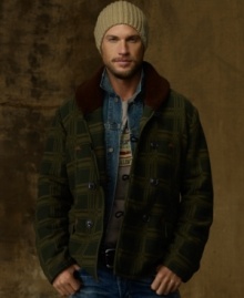 Evoking the feel of a vintage hunting jacket, this earthy jacquard plaid-printed topper provides an urban-meets-outdoor look for the modern woodsman.