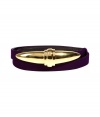 Punctuating your wardrobe with sleek sophistication is a cinch with Donna Karans dark purple skinny belt - Luxuriously crafted in viscose and supple black calf leather - On trend, adjustable slim style with glamorous gold brooch buckle - A bold and polished compliment to streamlined ensembles - Pair with a crisp white button down and leather leggings, or with a pencil skirt and long cashmere cardigan