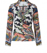 Work an iconic paisley print into your chic workweek separates with Etros ultra feminine paisley print silk wrap top - Pointed spread collar, long sleeves, wrapped front with pleat detailed button closures at side - Loosely fitted - Wear with just as bright accessories