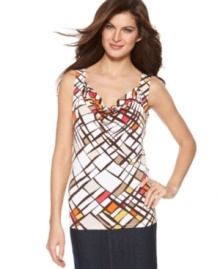 Square one: Build an office-ready outfit with this no-fuss tank top from Ellen Tracy! The cowl neckline and graphic print dress up this wardrobe must-have.