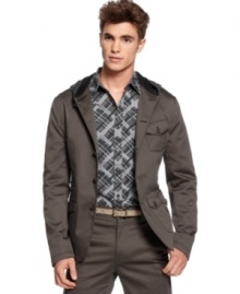 Banish your boring blazers and don this modern hip hooded jacket from Sons of Intrigue.