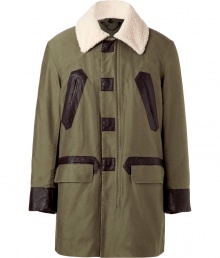 Super stylish Belgian green coat with removable collar from Marc by Marc Jacobs - Stay warm and look cool in this unbelievable coat - Contrasting welt pockets, sporty flap pockets, and removable collar - Pair with slim trousers, a cashmere pullover, and motorcycle boots