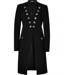 Rock n roll style goes regal with this sliver button-laden riding-style jacket from Just Cavalli - Stand collar, large folded down lapels with button details, fitted waist with hook and eye closure - Button-detailed patch pockets, open front, back pleating detail - Wear with a fitted mini dress or leather leggings and an oversized blouse