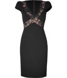 Take on this seasons love for everything lace with Emilio Puccis lace paneled dress, detailed with a scalloped V-neckline for an alluring, cocktail-ready look - V-neckline, cap sleeves, lace paneling with nude underlay, hidden back zip, kick pleat - Form-fitting - Wear with heels and a ladylike clutch