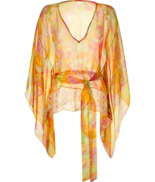 Your warm weather look just got more luxe with this beach-ready silk caftan from Matthew Williamson Escape - V-neck, long flutter sleeves, self-tie waist belt, asymmetrical hem, all-over psychedelic print - Pair with a tank, skinny jeans, and sandals or over a printed bikini with flat sandals